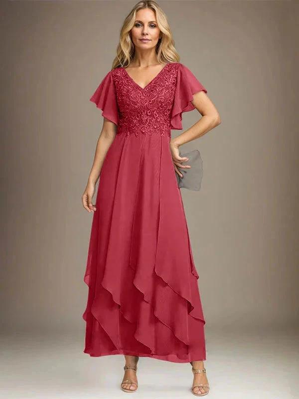 A-line V-Neck Ankle-Length Lace Chiffon Mother of the Bride Dress With Cascading Ruffles by Dreamylily