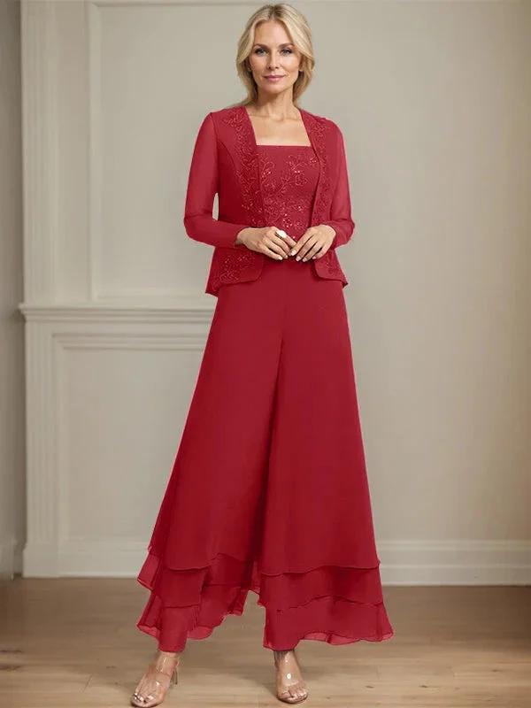 Separates Jumpsuit/Pantsuit Square Ankle-Length Lace Chiffon Mother of the Bride Dress With Sequins by Dreamylily