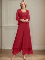 Separates Jumpsuit/Pantsuit Square Ankle-Length Lace Chiffon Mother of the Bride Dress With Sequins