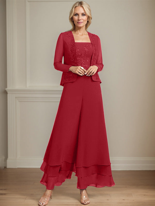 Separates Jumpsuit/Pantsuit Square Ankle-Length Lace Chiffon Mother of the Bride Dress With Sequins