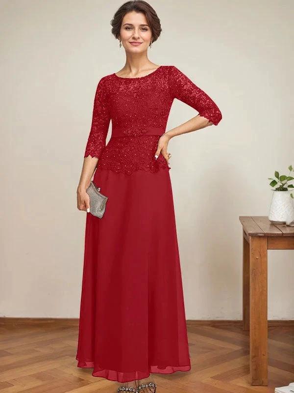 A-line Scoop Illusion Ankle-Length Chiffon Lace Mother of the Bride Dress With Rhinestone Beading by Dreamylily