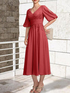 A-line V-Neck Tea-Length Lace Chiffon Mother of the Bride Dress With Pleated by Dreamylily