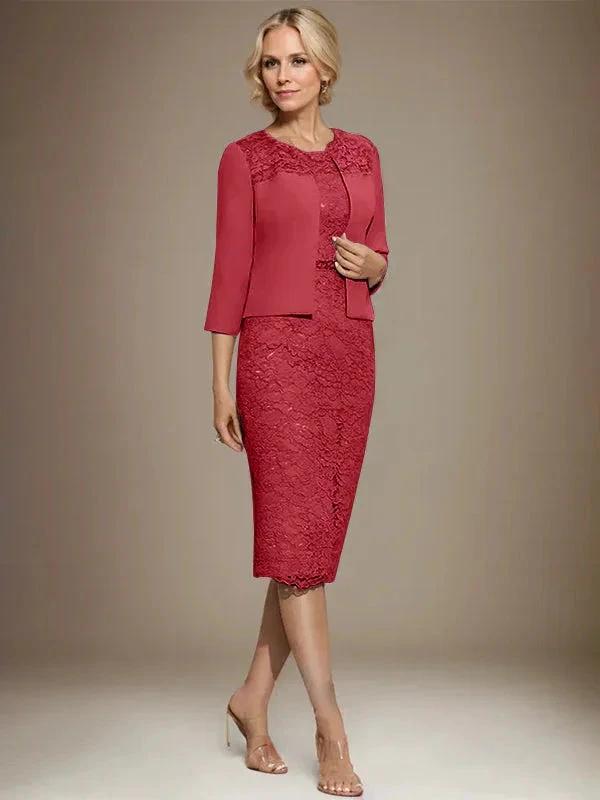 Sheath/Column Scoop Knee-Length Chiffon Lace Mother of the Bride Dress With Beading by Dreamylily