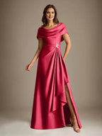 A-Line Scoop Floor-Length Stretch Satin Mother of the Bride Dress With Cascading Ruffles by Dreamylily