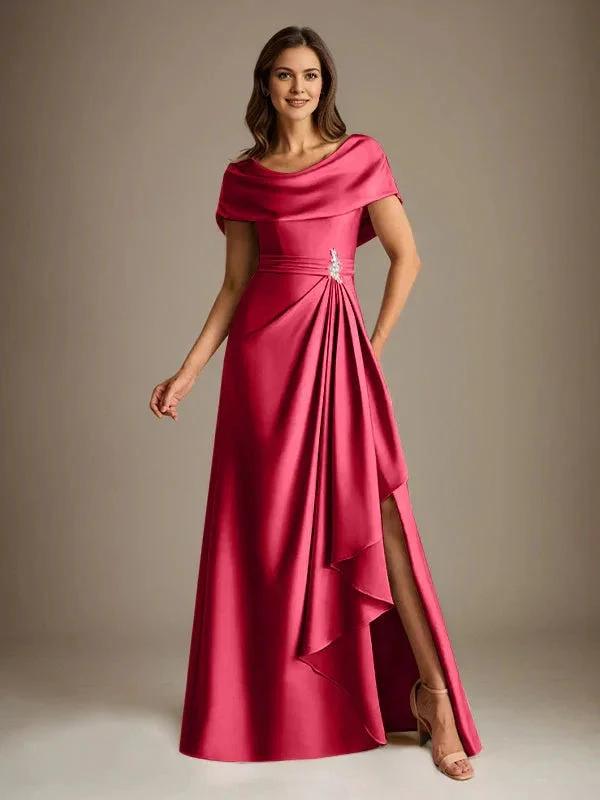 A-Line Scoop Floor-Length Stretch Satin Mother of the Bride Dress With Cascading Ruffles by Dreamylily