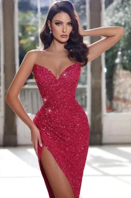 Wine Red Simple Sweetheart Column Prom Dress with Split by misshow.com