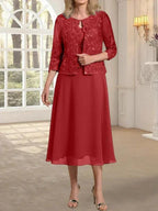 A-line Scoop Tea-Length Lace Chiffon Mother of the Bride Dress With Sequins by Dreamylily