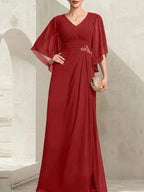Sheath/Column V-Neck Floor-Length Chiffon Mother of the Bride Dress With Pleated Sequins Beading by Dreamylily