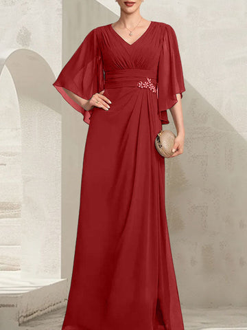 Vestido de gasa para madre de la novia, con escote en V, largo hasta el suelo, con lentejuelas plisadas y abalorios