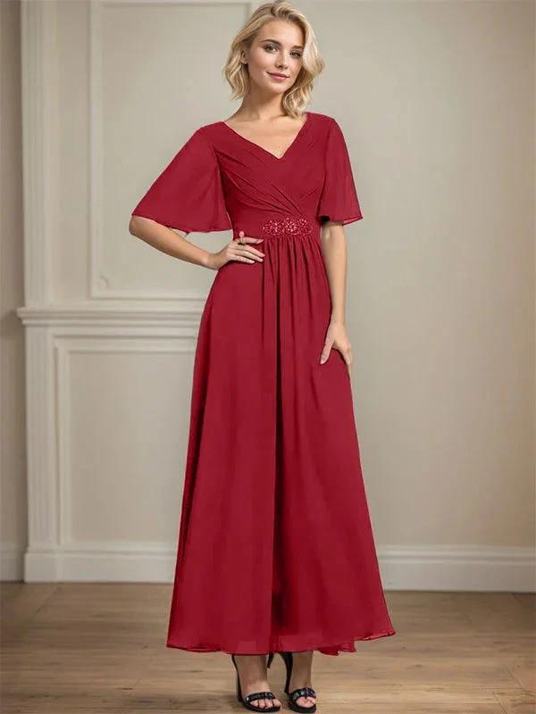 A-line V-Neck Ankle-Length Chiffon Mother of the Bride Dress With Pleated Beading Sequins by Dreamylily