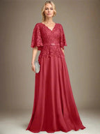 A-line V-Neck Floor-Length Chiffon Lace Mother of the Bride Dress With Crystal Brooch Rhinestone by Dreamylily