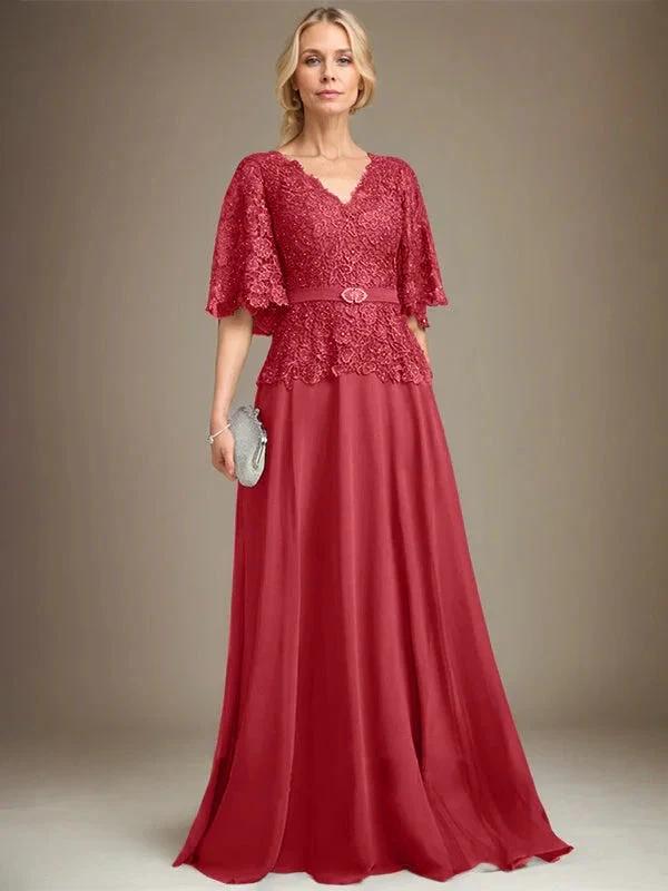 A-line V-Neck Floor-Length Chiffon Lace Mother of the Bride Dress With Crystal Brooch Rhinestone by Dreamylily