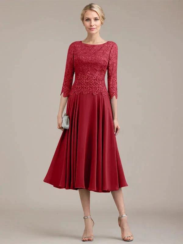 A-line Scoop Tea-Length Lace Chiffon Mother of the Bride Dress by Dreamylily