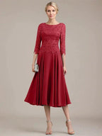 A-line Scoop Tea-Length Lace Chiffon Mother of the Bride Dress by Dreamylily