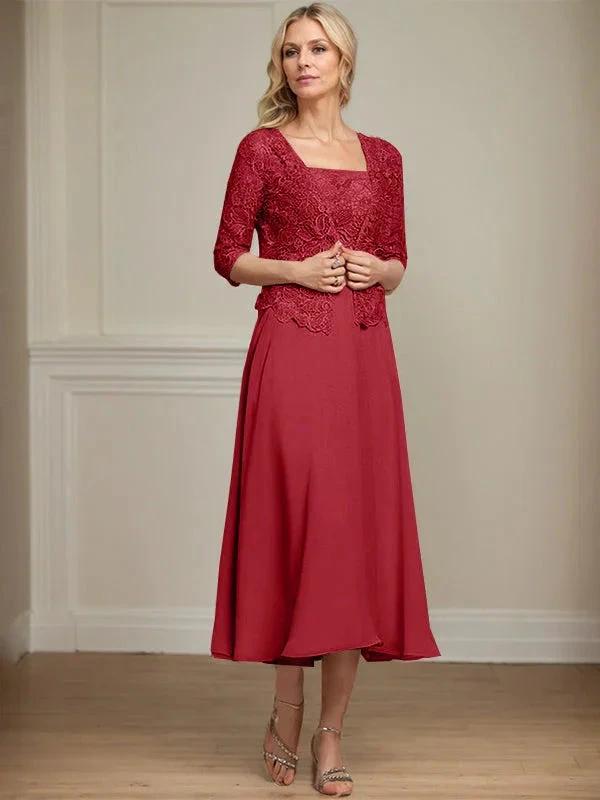 A-line Square Tea-Length Chiffon Lace Mother of the Bride Dress With Sequins Beading by Dreamylily