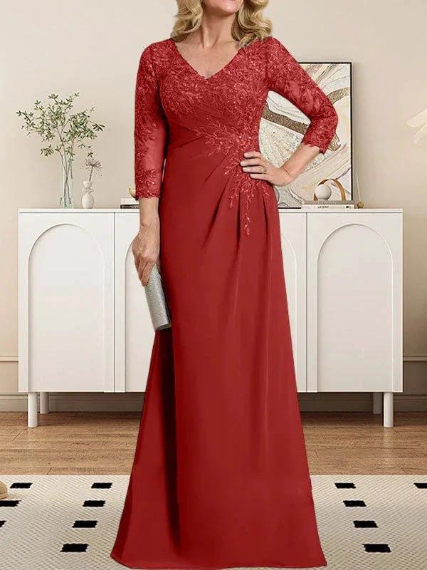 Sheath/Column V-Neck Illusion Floor-Length Lace Chiffon Mother of the Bride Dress With Pleated Sequins by Dreamylily