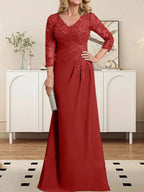 Sheath/Column V-Neck Illusion Floor-Length Lace Chiffon Mother of the Bride Dress With Pleated Sequins by Dreamylily