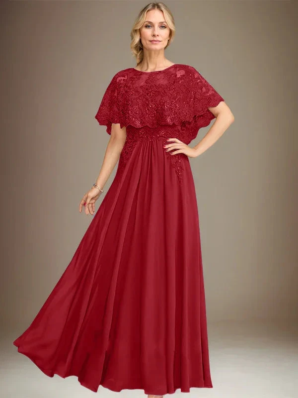 A-line Boat Neck Floor-Length Lace Chiffon Mother of the Bride Dress With Applique Sequins by Dreamylily