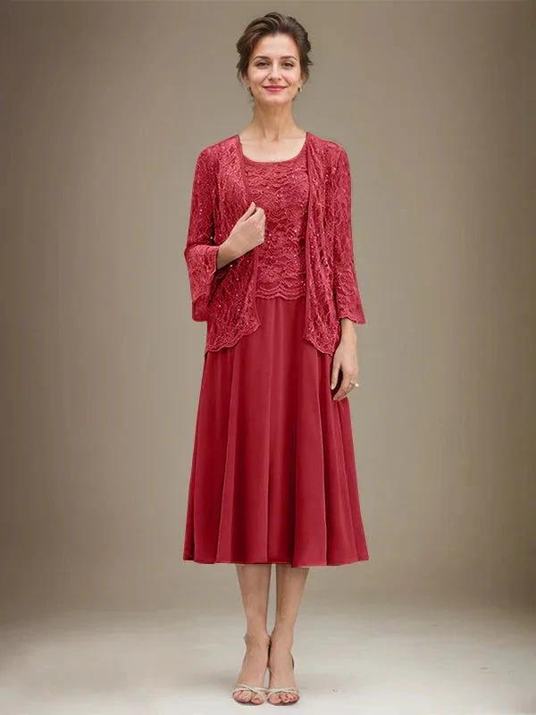 A-line Scoop Tea-Length Lace Chiffon Mother of the Bride Dress With Sequins by Dreamylily