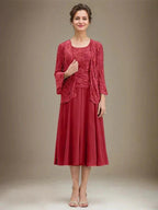 A-line Scoop Tea-Length Lace Chiffon Mother of the Bride Dress With Sequins by Dreamylily