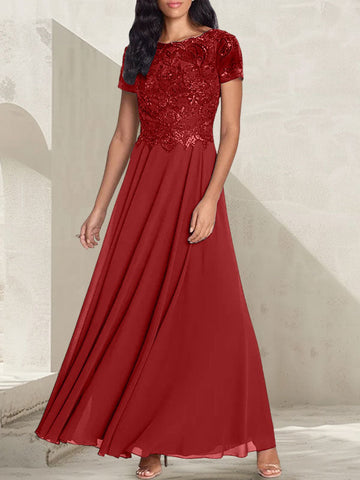 Vestido largo de madre de la novia con escote redondo, corte A, color gris carbón y cuentas