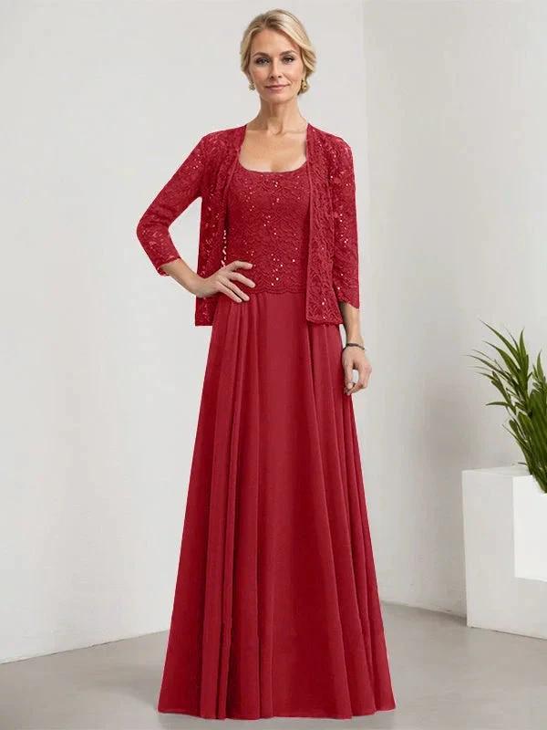 A-line Square Floor-Length Lace Chiffon Mother of the Bride Dress With Sequins by Dreamylily