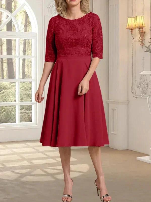 A-line Scoop Knee-Length Lace Chiffon Mother of the Bride Dress by Dreamylily