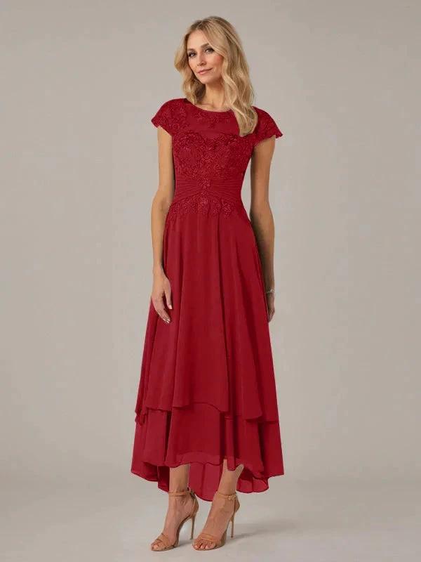 A-line Boat Neck Illusion Asymmetrical Chiffon Lace Mother of the Bride Dress With Applique Pleats by Dreamylily