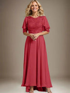 A-line Scoop Illusion Asymmetrical Chiffon Lace Mother of the Bride Dress With Beading by Dreamylily