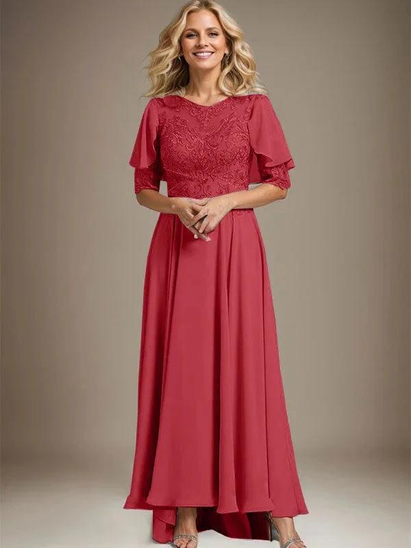 A-line Scoop Illusion Asymmetrical Chiffon Lace Mother of the Bride Dress With Beading by Dreamylily