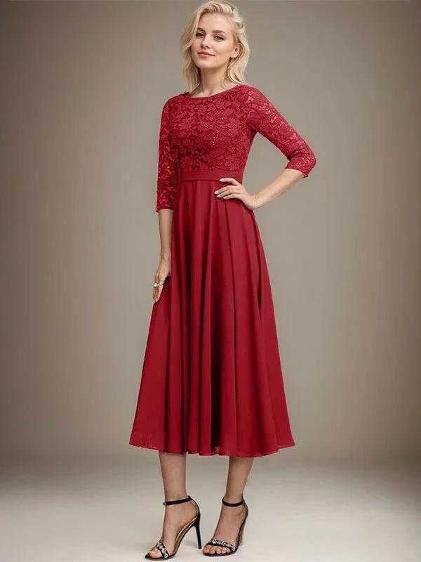 A-line Scoop Tea-Length Lace Chiffon Mother of the Bride Dress With Sequins by Dreamylily