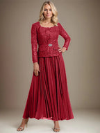 Vestido de gasa para madre de la novia con corte A, cuadrado, largo hasta los tobillos, con pliegues 