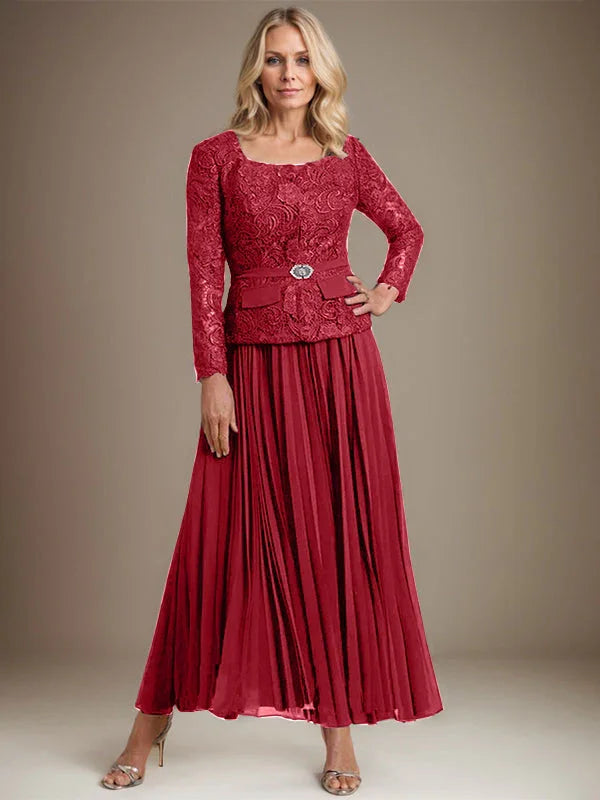 Vestido de gasa para madre de la novia con corte A, cuadrado, largo hasta los tobillos, con pliegues 