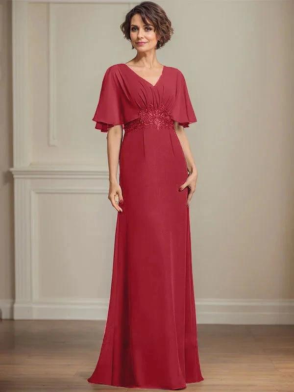 A-line V-Neck Floor-Length Chiffon Mother of the Bride Dress With Pleated Sequins Appliques Lace by Dreamylily