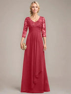 A-line V-Neck Floor-Length Lace Chiffon Mother of the Bride Dress With Cascading Ruffles Sequins by Dreamylily