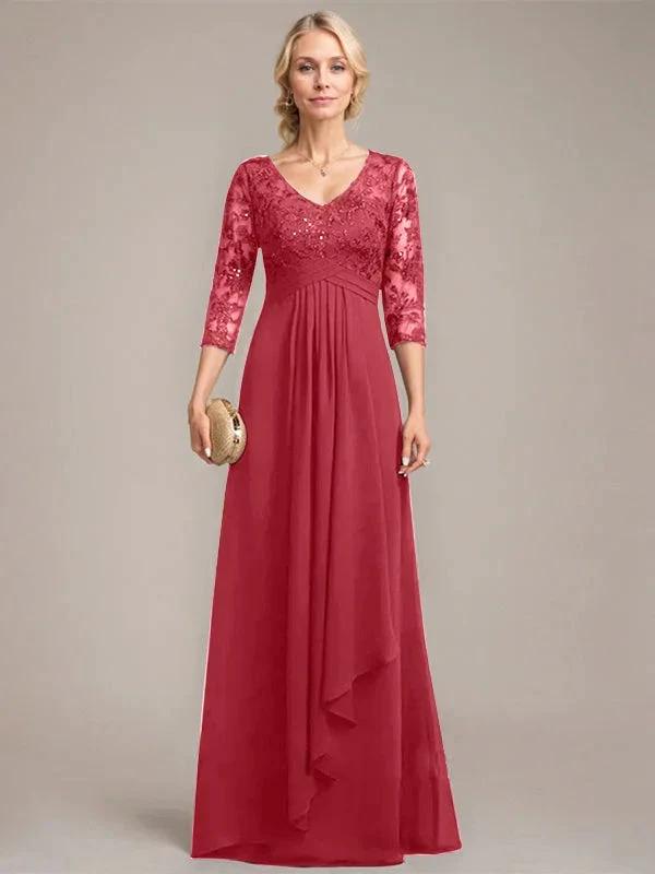 A-line V-Neck Floor-Length Lace Chiffon Mother of the Bride Dress With Cascading Ruffles Sequins by Dreamylily
