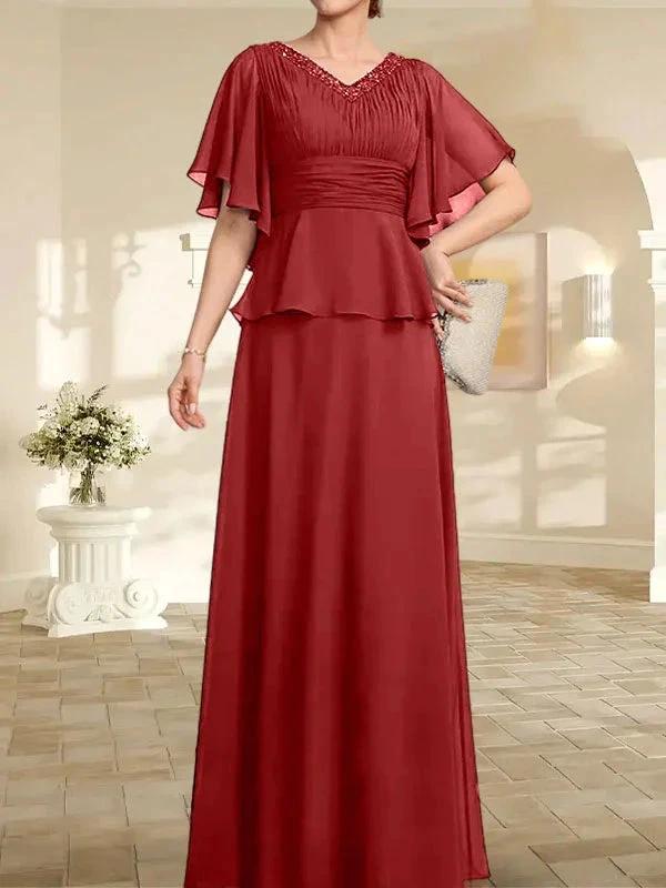 A-line V-Neck Floor-Length Chiffon Mother of the Bride Dress With Pleated Beading by Dreamylily