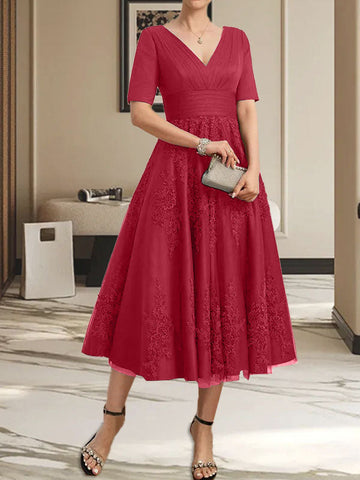 A-line V-Neck Tea-Length Tulle Lace Mother of the Bride Dress With Pleated