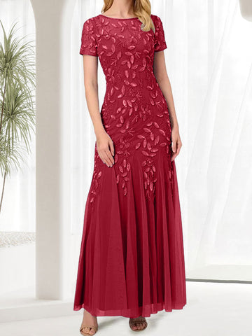 Vestido largo de sirena azul con cuello redondo para madre de la novia con cuentas