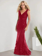 A-line V-Neck Floor-Length Lace Chiffon Mother of the Bride Dress With Applique Sequins Mermaid Dresses by Dreamylily