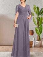 Dark Navy A-Line V-Neck Long Mother of Bride Dress by Dreamylily