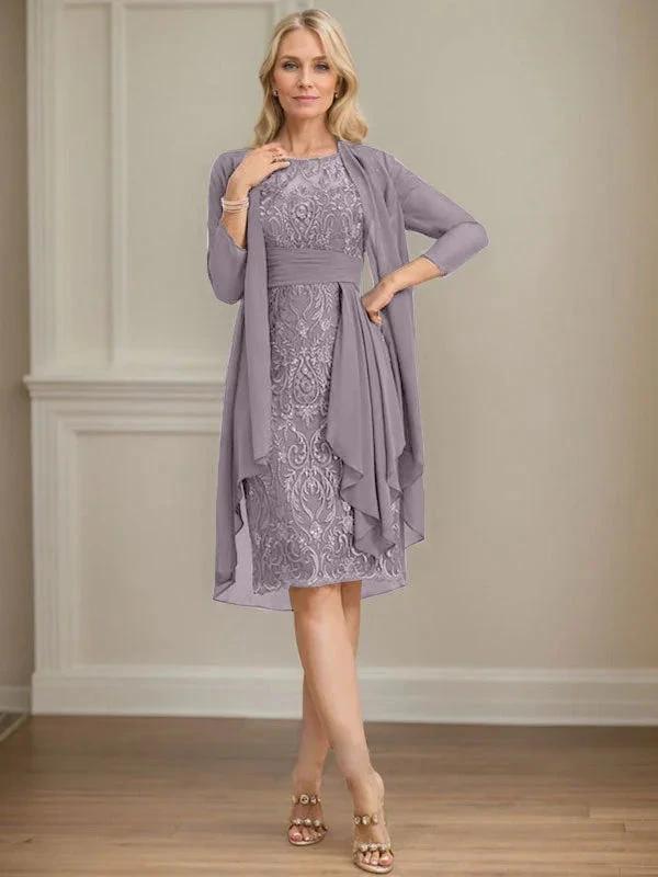 Sheath/Column Scoop Illusion Knee-Length Lace Chiffon Mother of the Bride Dress With Cascading Ruffles Sequins by Dreamylily