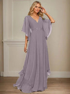 A-line V-Neck Floor-Length Chiffon Mother of the Bride Dress With Sequins Appliques Lace Beading by Dreamylily