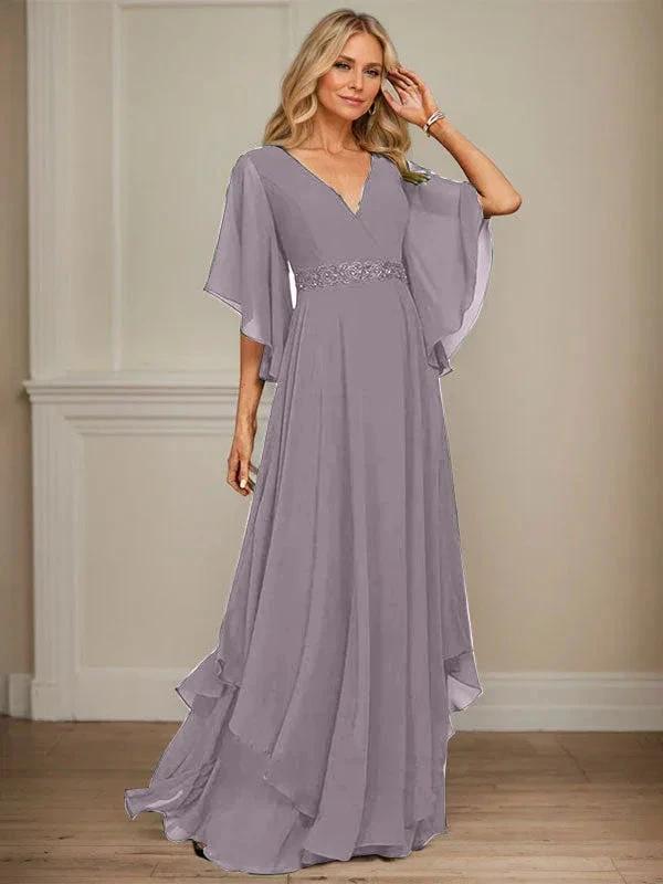 A-line V-Neck Floor-Length Chiffon Mother of the Bride Dress With Sequins Appliques Lace Beading by Dreamylily