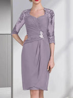 Sheath/Column Sweetheart Knee-Length Chiffon Mother of the Bride Dress With Beading Appliques Lace Sequins Pleated by Dreamylily