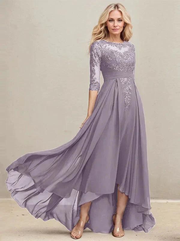 A-line Scoop Illusion Asymmetrical Lace Chiffon Mother of the Bride Dress With Pleated Sequins by Dreamylily