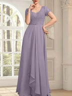 A-line Sweetheart Floor-Length Chiffon Lace Mother of the Bride Dress With Beading Cascading Ruffles by Dreamylily