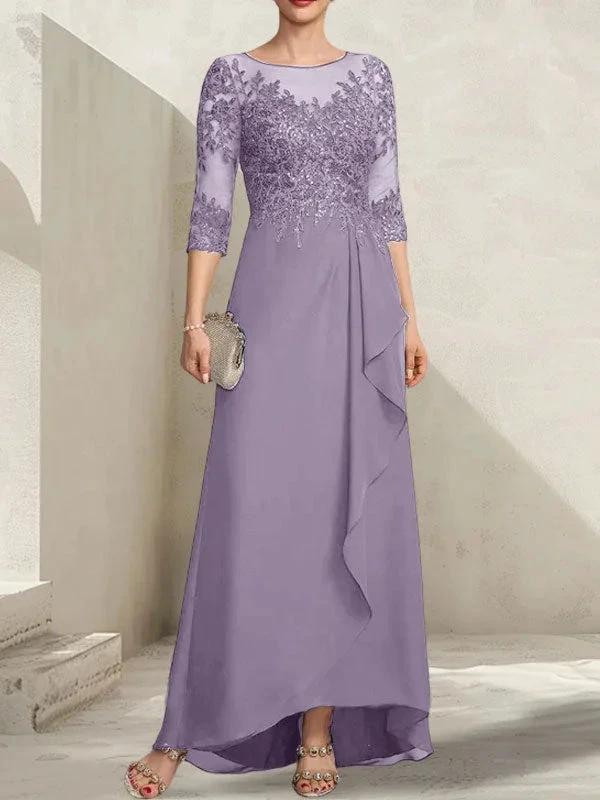 A-line Scoop Illusion Asymmetrical Lace Chiffon Mother of the Bride Dress With Sequins Cascading Ruffles by Dreamylily