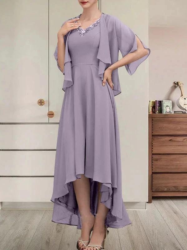 A-line V-Neck Asymmetrical Chiffon Mother of the Bride Dress With Beading Sequins by Dreamylily