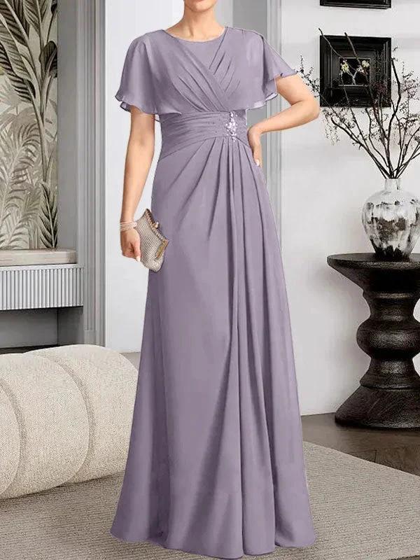 A-line Scoop Floor-Length Chiffon Mother of the Bride Dress With Pleated Beading by Dreamylily
